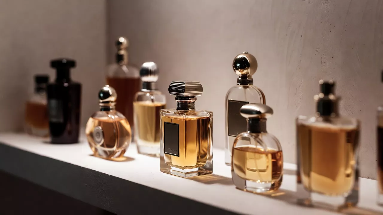 Collection de flacons de parfum de luxe sur étagère