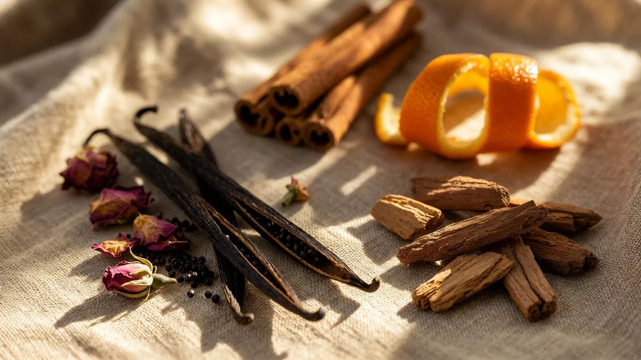 Ingrédients de parfumerie : vanille, cannelle, bois de santal sur lin