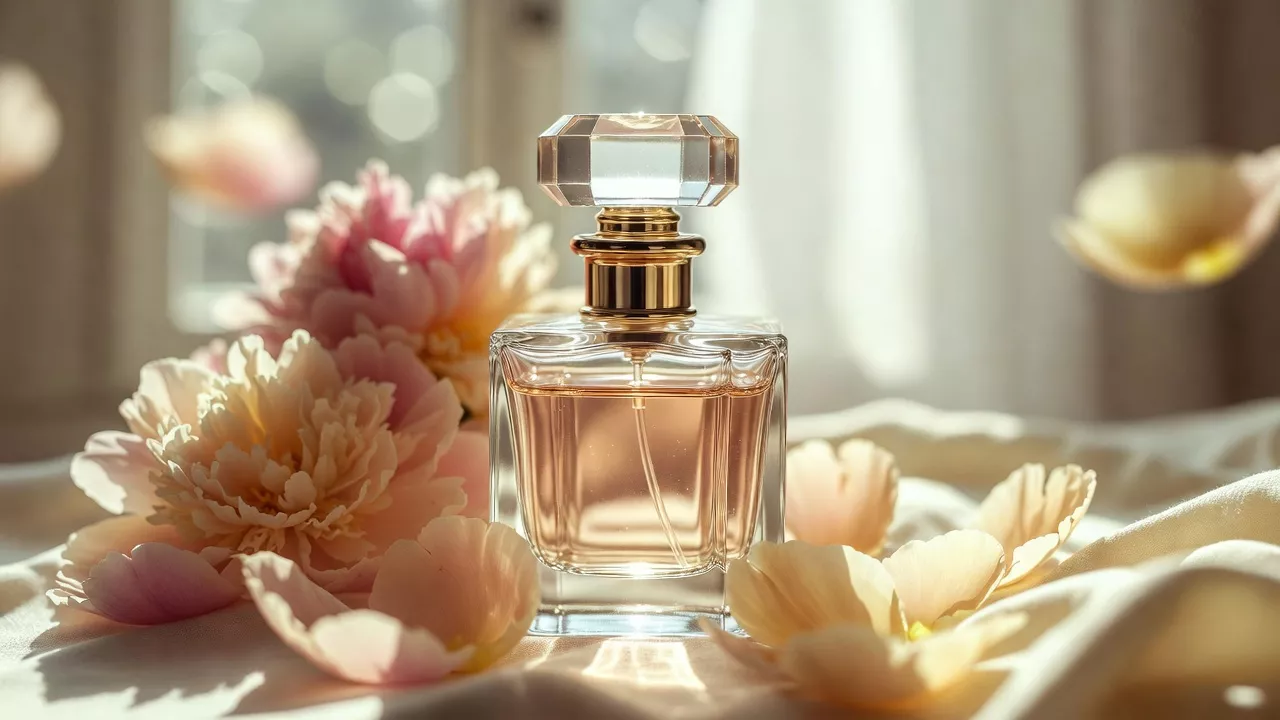 Flacon cristal entouré de pivoines sur soie crème