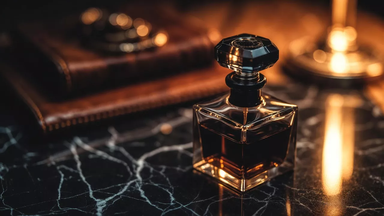 Flacon de parfum homme sur marbre noir, ambiance chaleureuse
